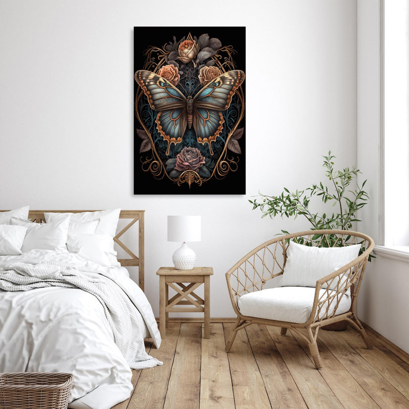 Roses et papillon - impression sur toile tendue, H 14 po x L 11 po x l 1,25 po