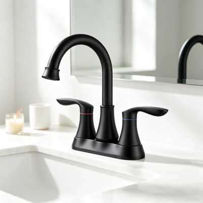 Two-Handle 4" Centerset Bathroom Sink Matte Black Faucet with Pop-Up Drain and High-Arc 360° Swivel Spout