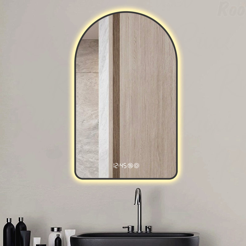 Miroir de salle de bain 28 po x 48 po à DEL arqué avec anti-buée et affichage Time-Temp, 48 po x 28 po