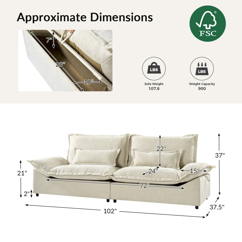Canapé de rangement surdimensionné 102 po Silvia, Beige