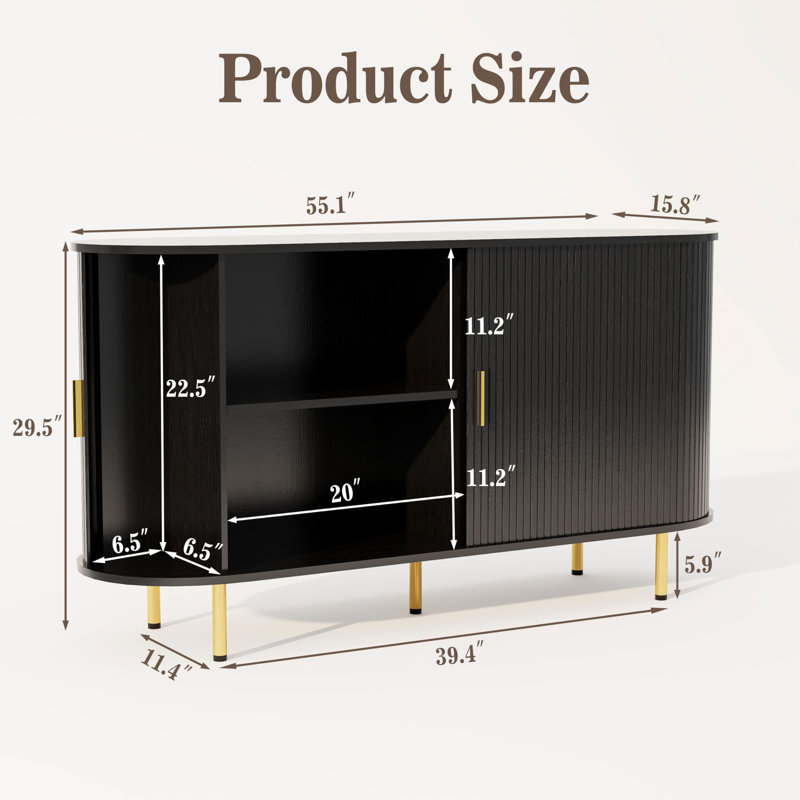 Buffet de 55 pouces avec portes coulissantes et tablette ajustable Tambour, 29,5 po x l 55 po x P 15,8 po, Noir