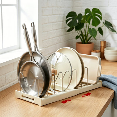 Expandable Pots and Pans Organizer Rack, Lid Holder with 10 Adjustable Dividers for Under Cabinet,12"-22" Adjustable Kitchen Storage for Lids, Pans, Cutting Boards