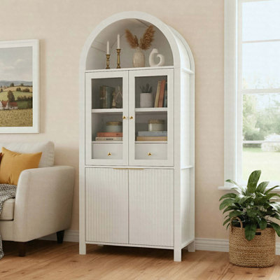 71" Fluted Tall Arched Pantry Cabinet With Glass Doors, Adjustable Shelves, Hidden Drawer & Elegant Display Storage by Latitude Run