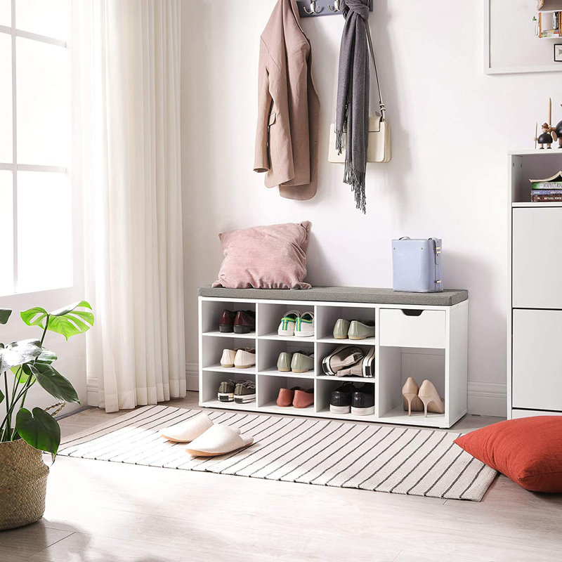 10 Pair Shoe Storage Bench With Drawer, White/Gray