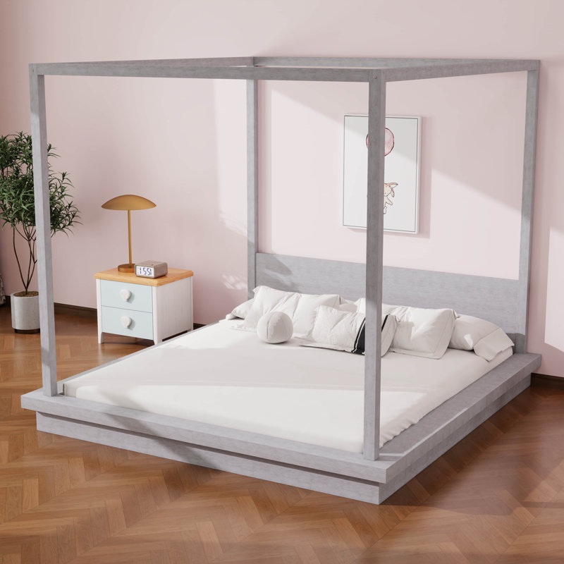 Lit à baldaquin en bois avec tête de lit, lit plateforme à baldaquin rustique pour adolescents, adultes, King, Grey