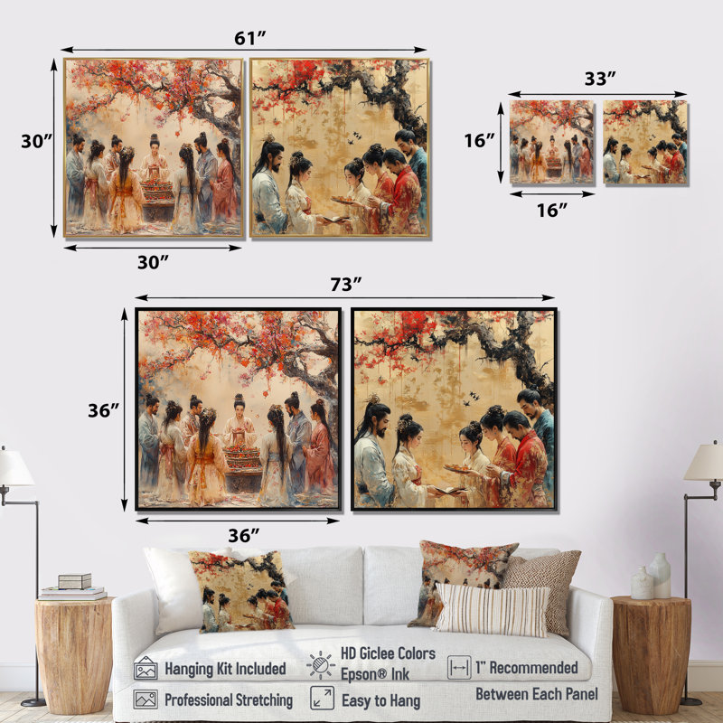 Ancestors Blessing I - Art mural traditionnel chinois - ensemble d'art mural traditionnel 2 pièces, H 30 po x l 61 po