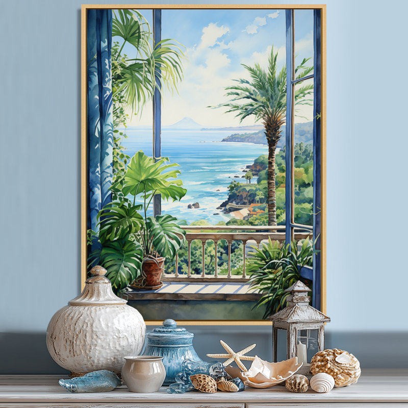 «Tropical Windows To The Beach II - Coastal Windows», art mural, Cadre flottant brun, H 20 po x l 12 po x P 1 po