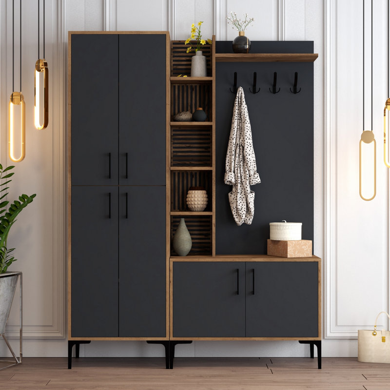 Hall Tree 59.06'' Wide with Shoe Storage, Walnut/Anthracite