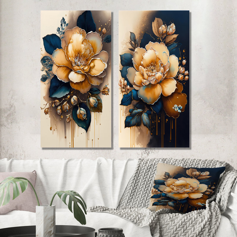 "Fleur de camélia jaune et bleu foncé", 2 pièces sur toile, Toile tendue, H 20 po x l 24 po
