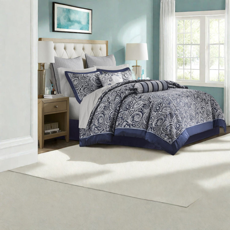 Elegant 12-piece Bedding Set With Cotton Sheets, Navy Paisley Design, King Size