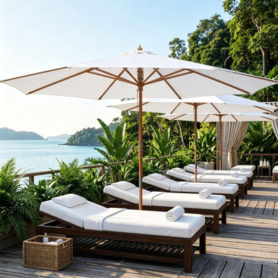 Manske Organic Luxe 13 FT Solid Beech Wood Big Umbrella Pulley Lift for Boutique Hotel, Vineyard Estate Lounge, Wellness SPA - Classic Forest, Minimalist White