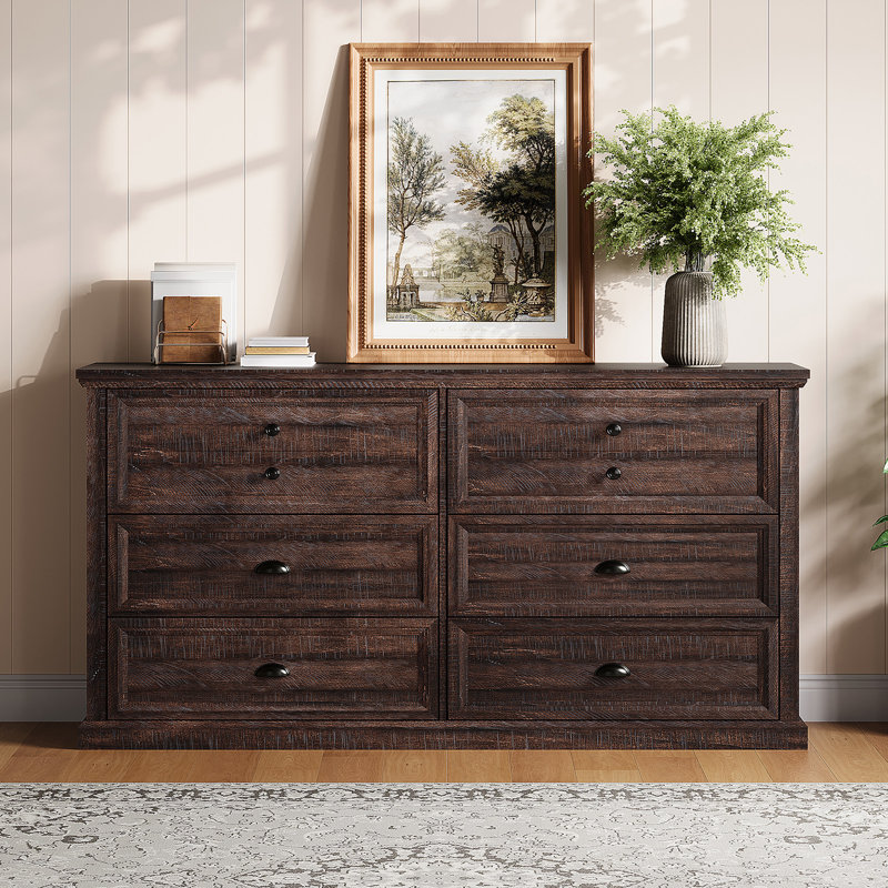 Rustic Brown Medium Wood Farmhouse 58" Six-Drawer Dresser