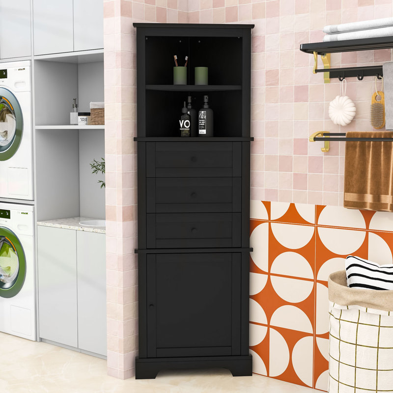 Triangle Bathroom Corner Cabinet with Adjustable Shelves, Triangle Drawers and Enclosed Storage, Black