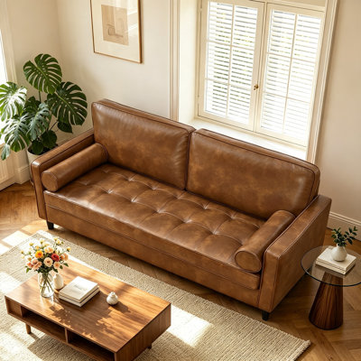 Canapé en cuir de conception classique, similicuir respirant avec coussin de siège capitonné, pieds en bois massif pour le salon, brun