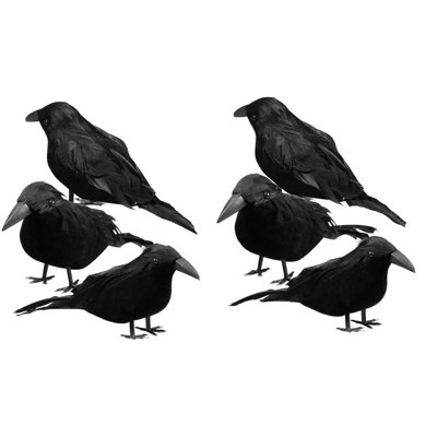 6 Pack Halloween Artificial Feathered Black Crows, Realistic Handmade Fake Raven Birds, Spooky Crow Ornaments for Indoor Outdoor Home, Garden, Haunted House, Halloween Party Decor Props