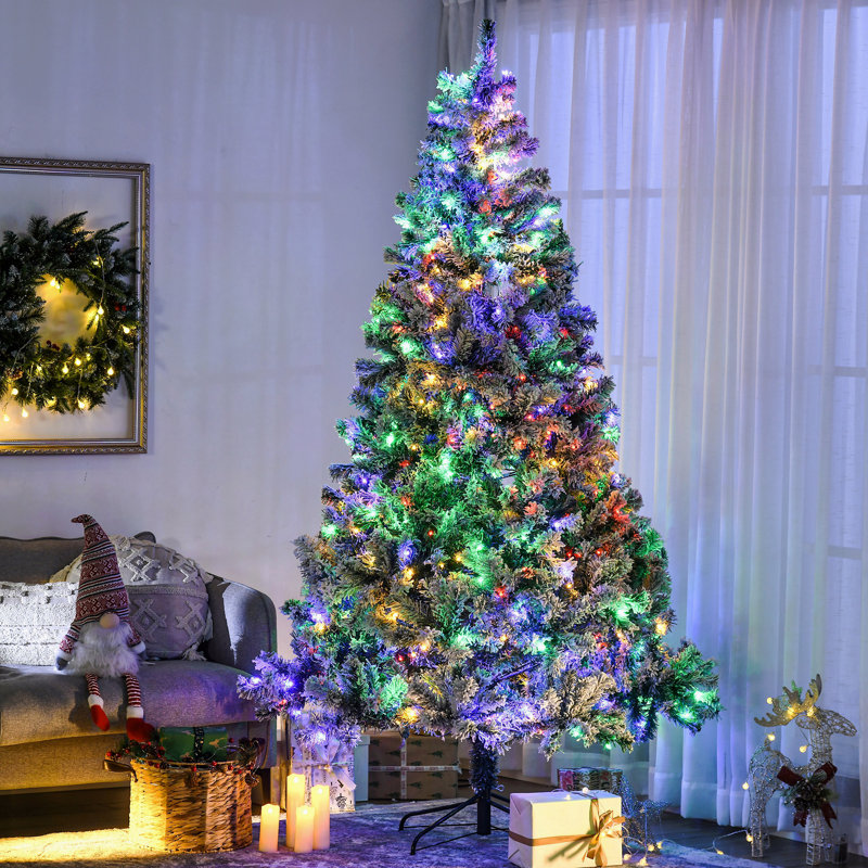 Arbre de Noël artificiel de 7,5 pi de hauteur avec 1149 branches floquées par la neige, 550 lumières DEL blanc chaud ou coloré, base en acier