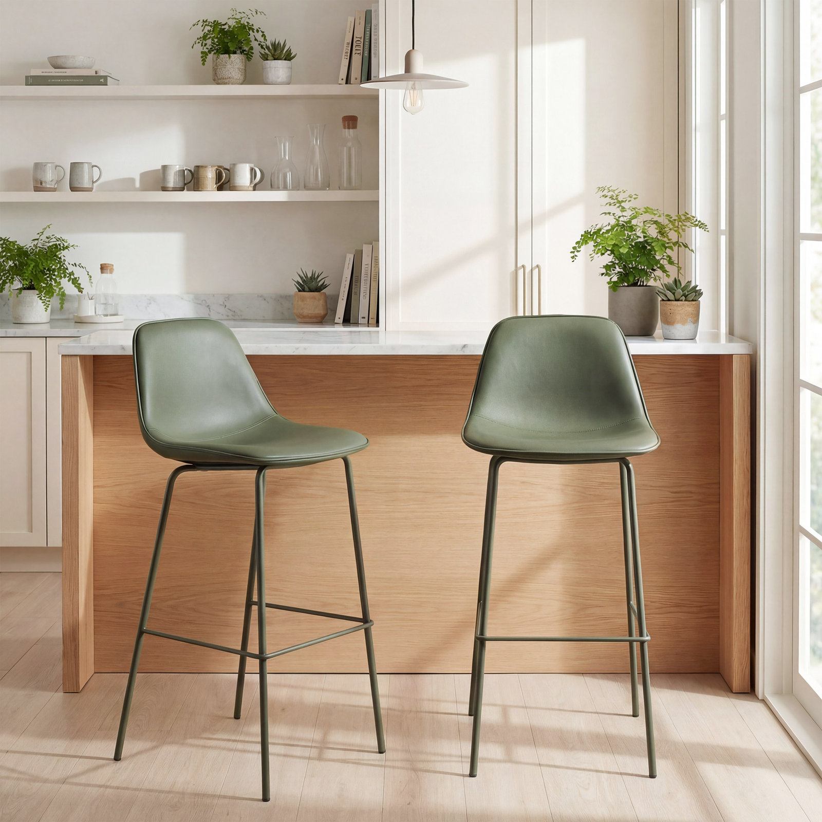 Kavi Bar and Counter Stool, Bean Green Faux Leather, Bar Stool (30" Seat Height)