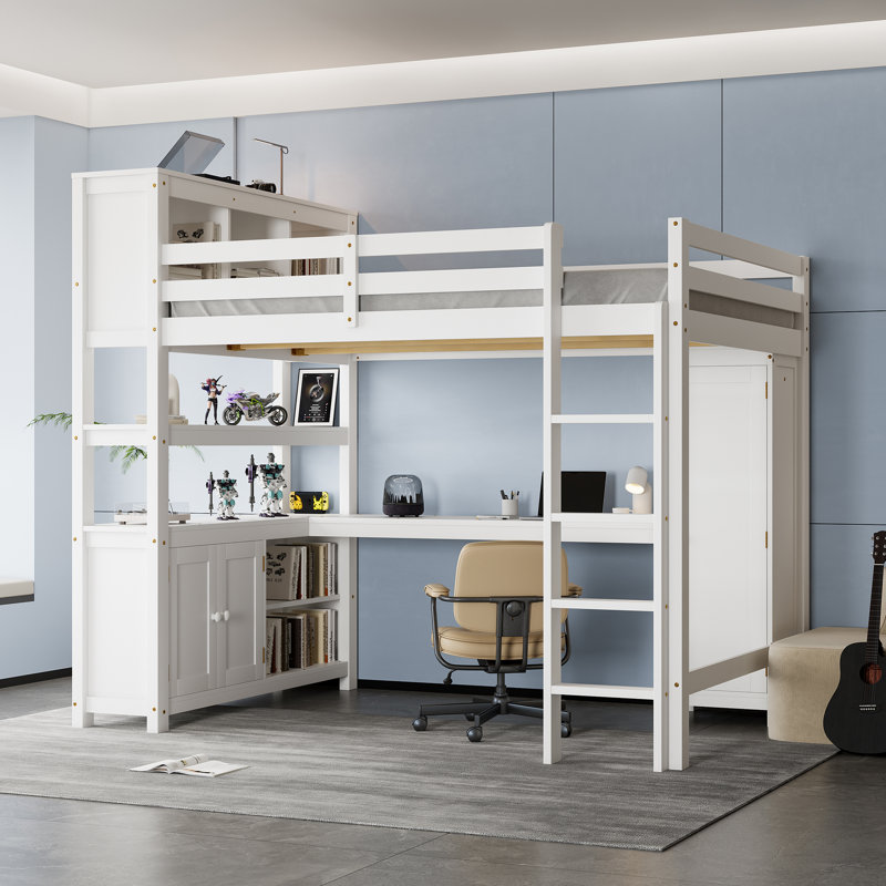 Grand lit mezzanine blanc en bois de pin, rangement peu encombrant, support robuste sans sommier, Blanc