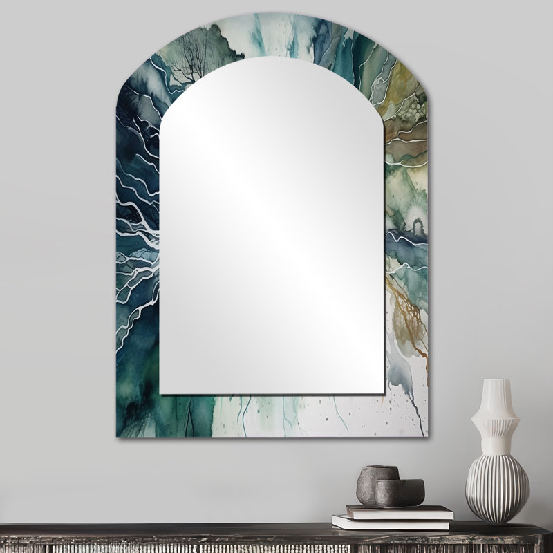 Green Blue Marbled Dreamscape II - Geometric Asymmetrical Unique Wall Mirror, Modern Arch Mirror, Printed Metal Art