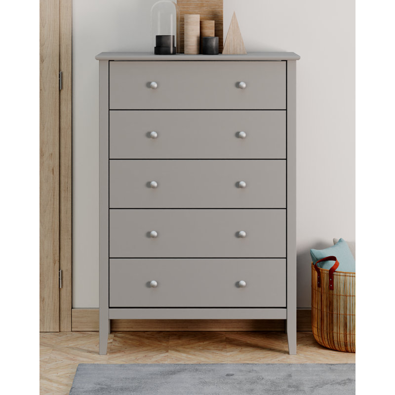 Arzell Solid Pinewood/MDF 5 Drawers Chest, Light Gray