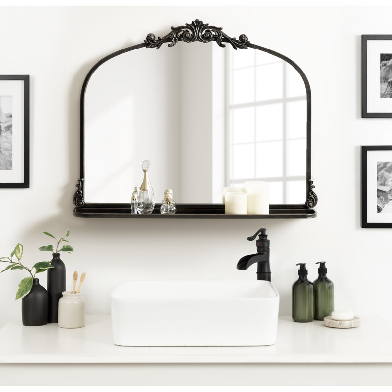Stride Metal Arch Mirror with Shelves, Black, 26" x 32.75"