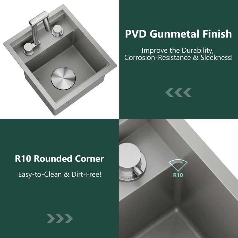 RV Kitchen Sink, 16 x 17 x 9 Inch Undermount Bar Sink with Foldable Faucet Cutting Board, Gray