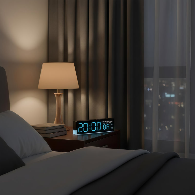 Réveil-matin numérique noir avec affichage à DEL bleu, double alarme, affichage de la température et de la semaine, gradation automatique de la luminosité et veilleuse