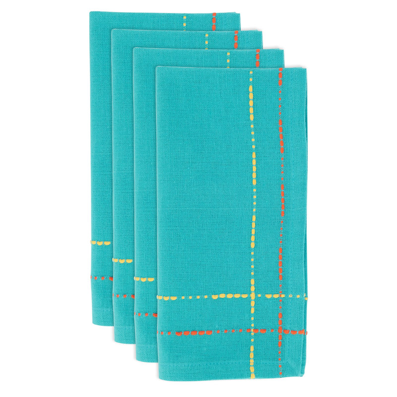 Turquoise Dobby Border Woven Cotton Cloth Napkins 18" W X 18" L, Set Of 4