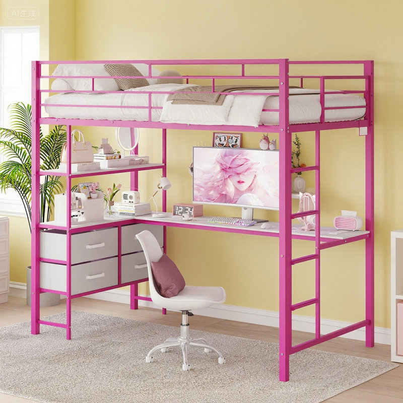 Pink Full Metal Loft Bed Frame With L-Shaped Desk, 15" Guardrail, Non-Slip Ladder, 2 Charging Stations, Storage Shelves, 4 Drawers, LED Lights