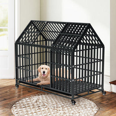 Cage pour chien noire robuste de 52 pouces avec section de toit réglable, espace de confort pour chien, rouler, plateau de rangement bien rangé, plateau de sécurité intérieur avec serrure de sécurité améliorée, matériau en fer, spacieux