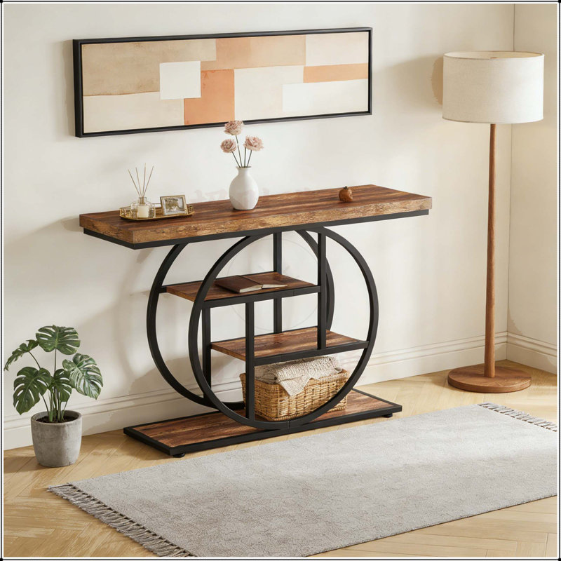 41.3 Inch Industrial Chic Console Table with Circle Base, Narrow Wood Accent for Entryway and Living Room, Brown