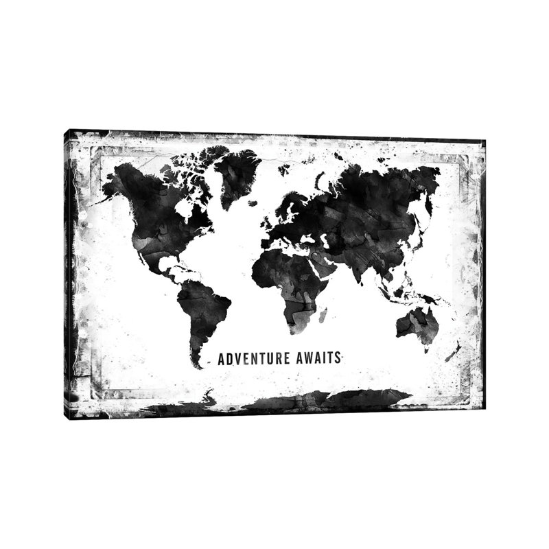 Black And White Framed World Map - Print on Canvas, Wrapped Canvas, 45.72cm H x 66.04cm W x 3.81cm D