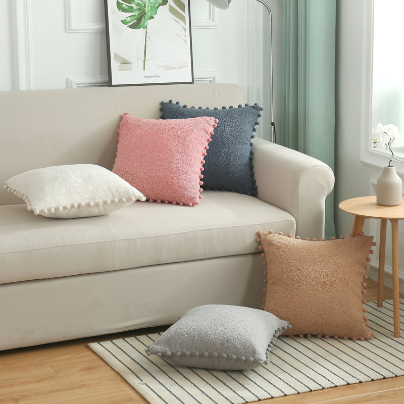 (Couvertures avec insertions) Ensemble de 2 coussins décoratifs PomPom, Beige