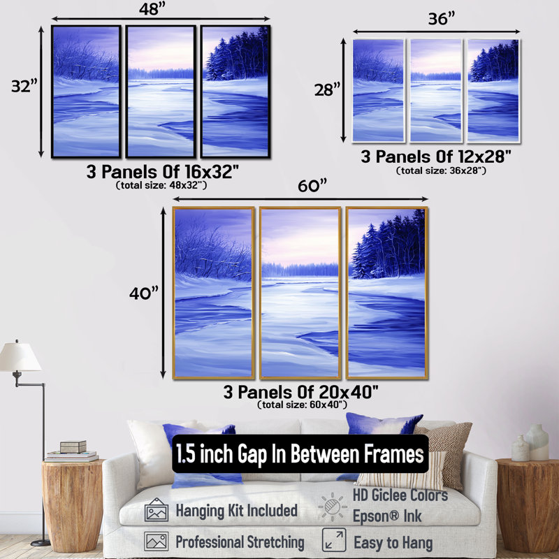 «Frozen River In Winter Landscape II - Winter Landscape», ensemble de reproduction d'art mural, H 40 po x l 60 po, Blanc