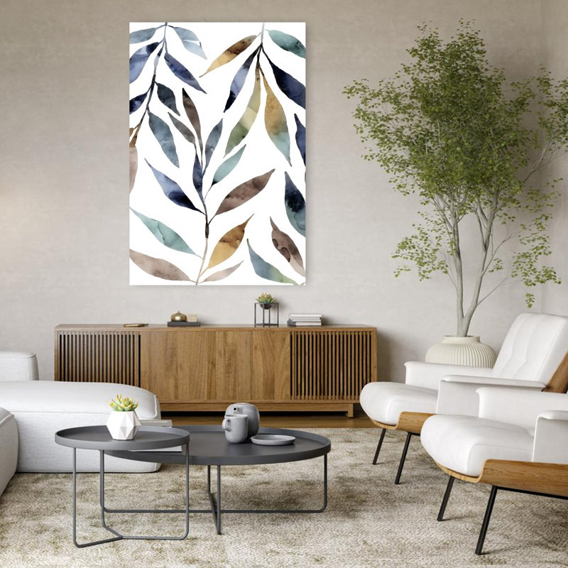 Aquarelle, feuilles, art mural abstrait contemporain, 48" H x 32" W