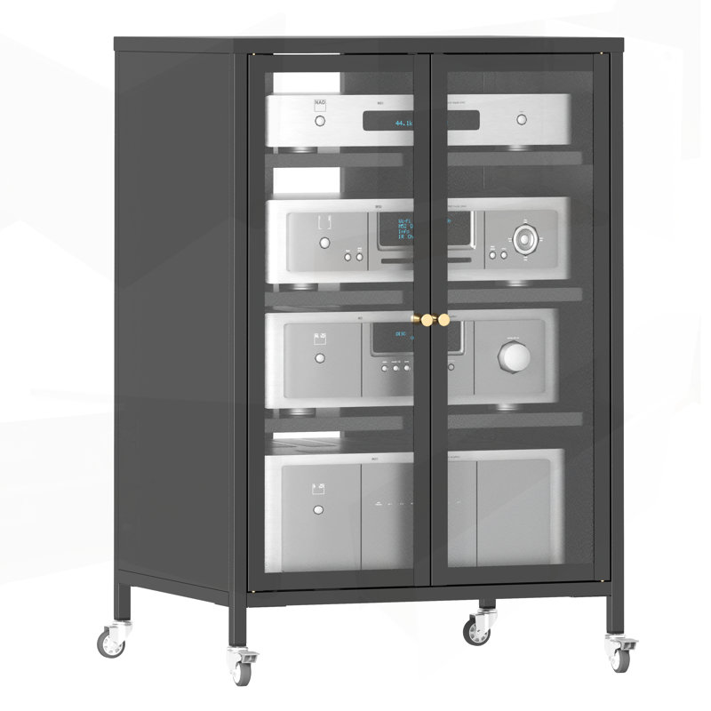 Armoire de rangement haute 35,8 po avec roulettes, meuble télé AV, 4 tablettes réglables en verre, structure en acier robuste, assemblage facile