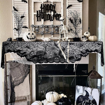 Halloween Fall Thanksgiving Lace Fireplace Mantle Scarf Cover, Cloth Runner Door Window Curtain Kitchen Decorations Gothic Festival Party Decor (Spidernet+Pumpkin, Spidernet+Pumpkin, 18*96“)