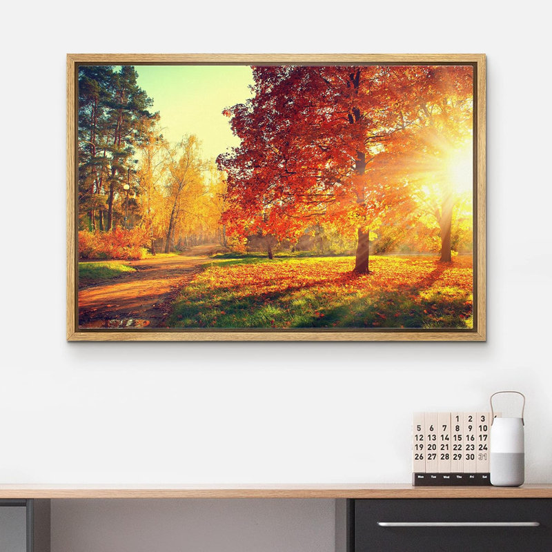 Autumn Fall Color Autumn Scene Fall Forest Maple Trees Natural Landscape Canvas Print Large Wall Art, Natural Framed Canvas