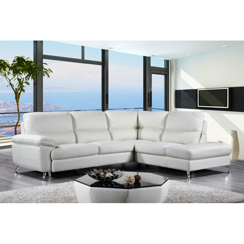 Miami Genuine Leather Sectional Sofa with Right Side Facing Chaise Lounge, Off White 98"x80", Right Hand Facing