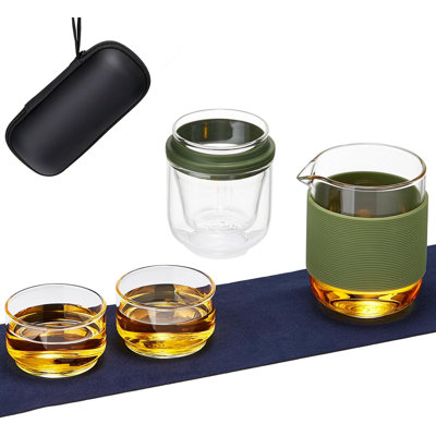 Portable Modern Travel Tea Set – Borosilicate Glass with Waterproof Carrying Case, Infuser & 2 Teacups for Travel, Office & Gifting