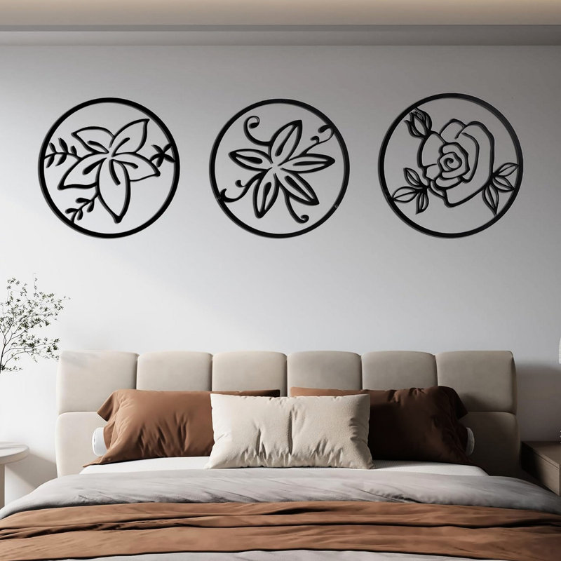 Trois pièces de décoration murale avec cadre floral rond en métal noir, fabriqué à partir de métal de qualité, effet visuel 3D par découpe, épaisseur de 0,08 pouce pour la résistance à la déformation, pré