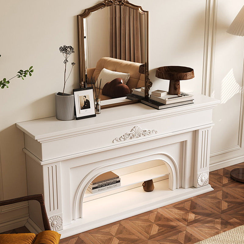 Beige Solid Wood TV Cabinet Fireplace, 29.53" H x 70.87" W x 13.78" D