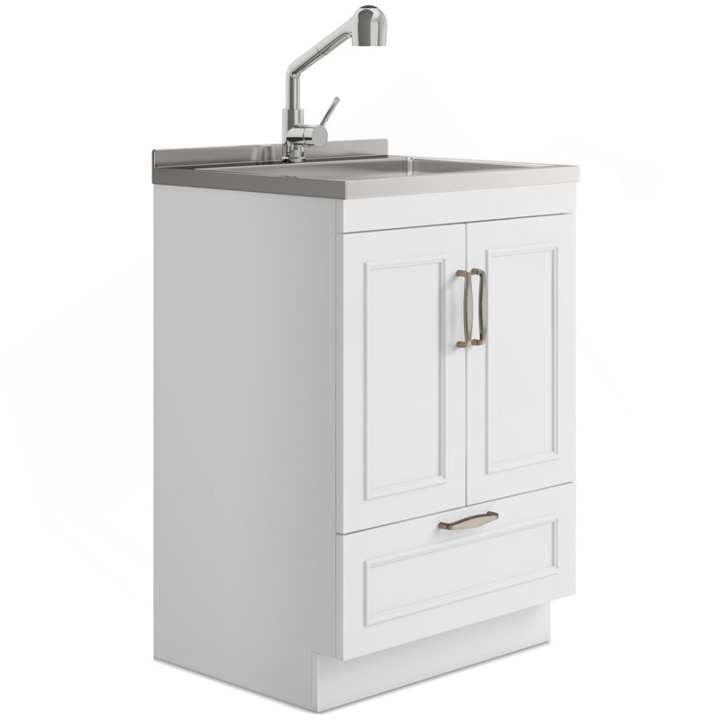 24" Laundry Cabinet With Faucet And Stainless Steel Sink - White, 35.4" H x 23.6" W x 19.7" D