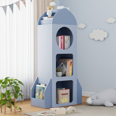 Kids Bookshelf And Toy Storage, 3-Tier Rocket Baby Book Shelf With Side Shelves, Wood Open Toddler Bookcase, Spacious Display Organizer For Children Playroom, Bedroom, Nursery, School