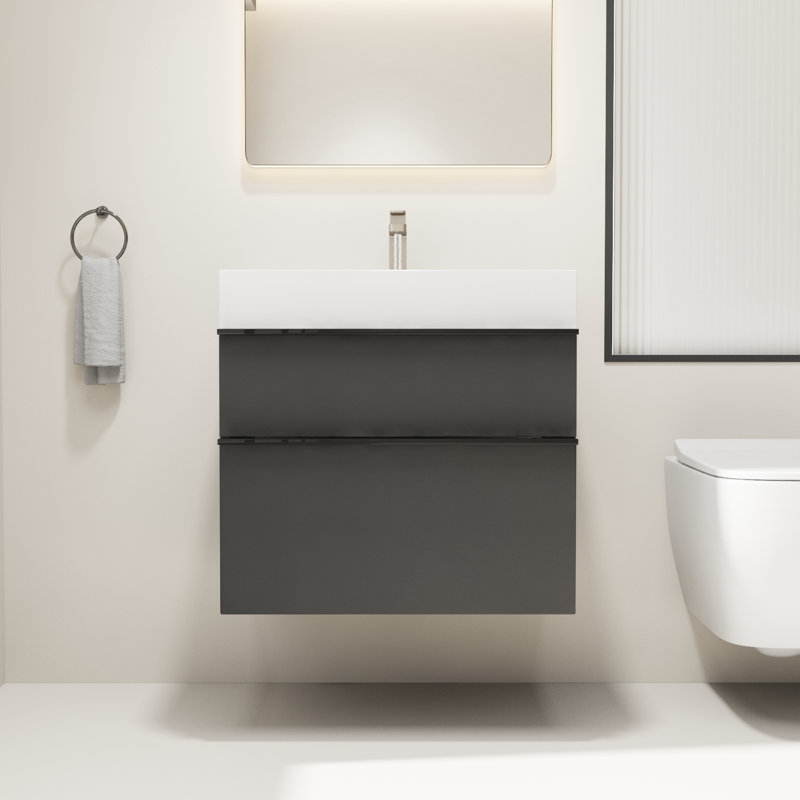 Ensemble de meuble-lavabo mural simple 24 po avec lavabo en acrylique 24 po avec lavabo en acrylique, 2 tiroirs à fermeture en douceur, fini mat doux, pré-assemblé, noir