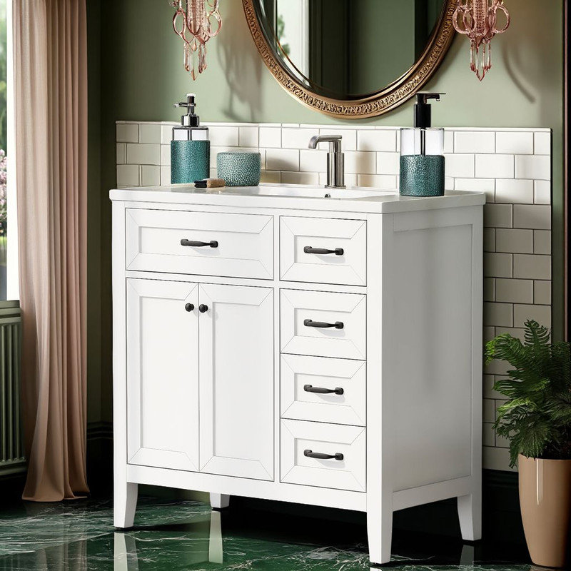 Meuble-lavabo 36 po avec lavabo en céramique - poignées argentées, 3 tiroirs, structure en bois massif, Blanc