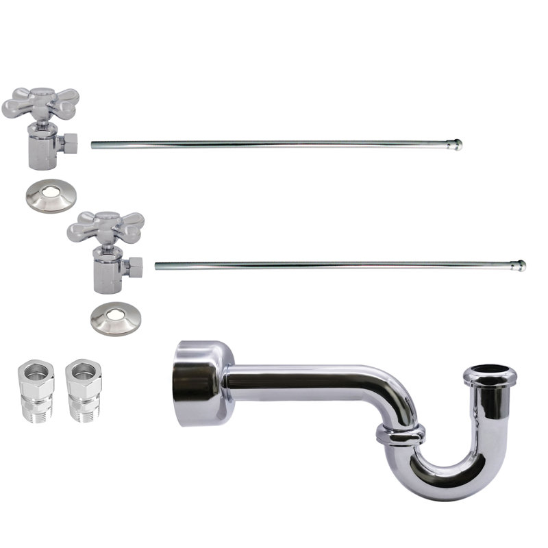 LA-Style Pedestal Sink Kit with P-Trap, Supply Lines, Flanges and Cross Handle Angle Stops, Polished Chrome
