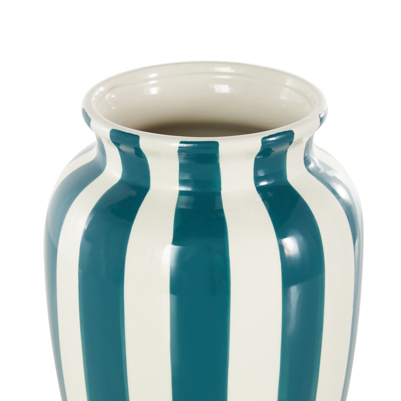 Cole And Grey Ceramic Round Wide Decorative Vase With Teal Vertical Stripes, Teal