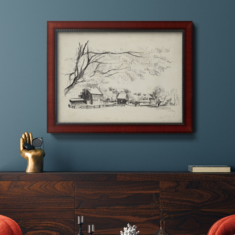 Toile encadrée de qualité supérieure vue de grange esquissée - prête à être accrochée, H 16 po x l 20 po x P 2,5 po