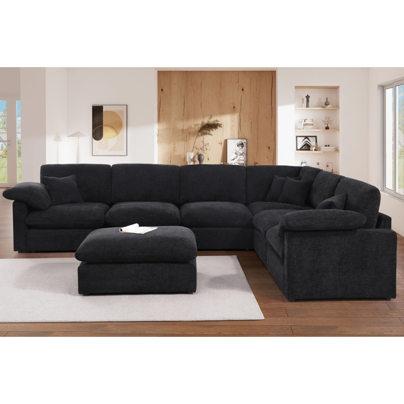 Reversible 7-Piece Corner Sectional Couch, Chenille Cloud Sofa With Removable Ottoman, Black Chenille